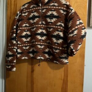 A&E Brown Patterned Sherpa Quarter-Zip Pullover Sweater